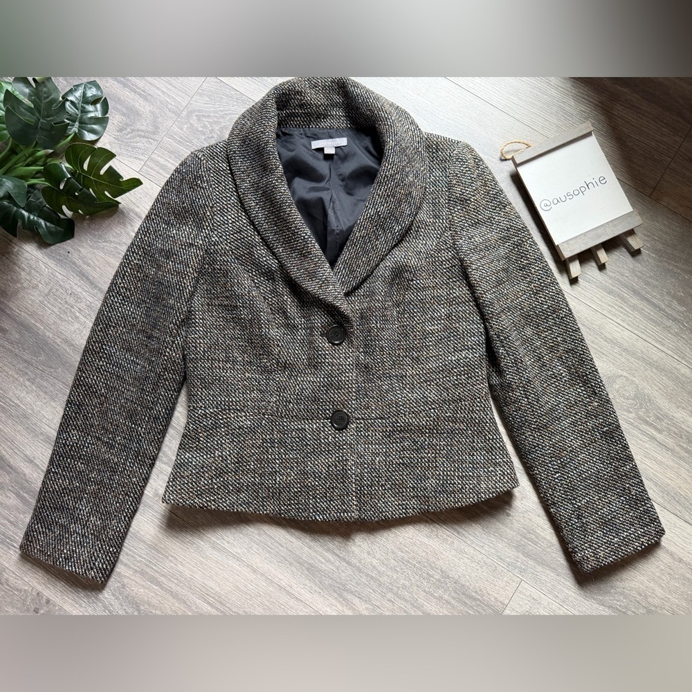 Ann Taylor Wool Blend Brown Black & Baby Blue Tweed Blazer Jacket. Size 10